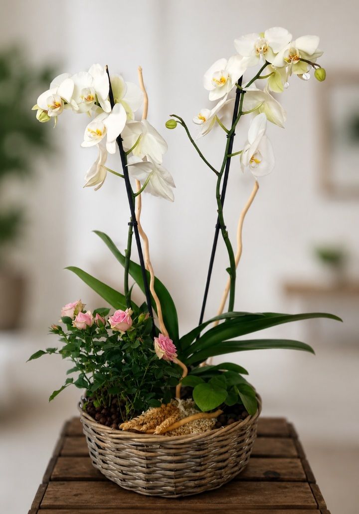 Orchidées blanches en panier